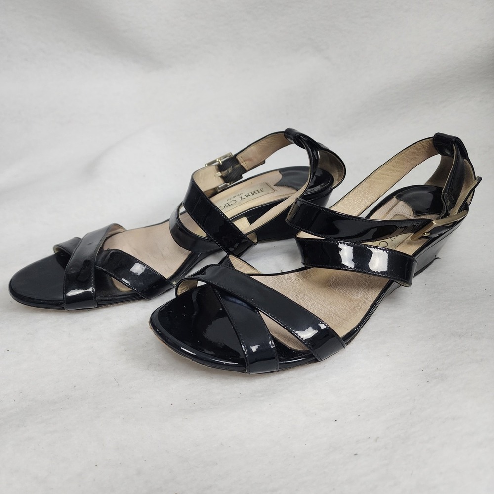 Jimmy Choo Womens US 8 Black Patent Leather Crisscross Ankle Strap Wedge Sandals